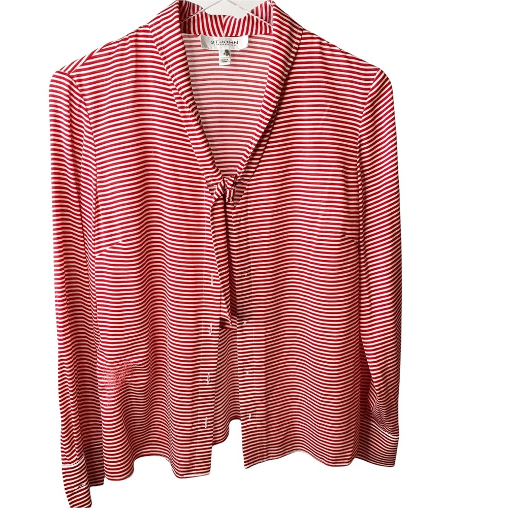 St. John Collection Red White Striped Parisian French Button Down Silk Blouse 4 - Picture 1 of 8